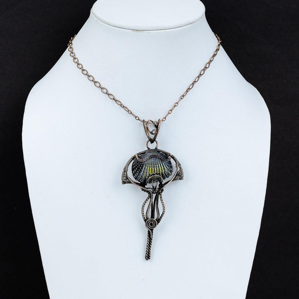 Titanium Coated Shell Pendant Copper Wire Wrapped Pendant Handmade Copper Jewelry Gemstone Pendant Gift For Engagement Unique Design Jewelry
