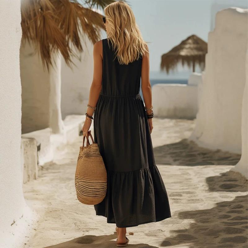 V-Ausschnitt Ärmelloses A-Linien-Langes Kleid Mit Taschen Vintage Strandurlaub