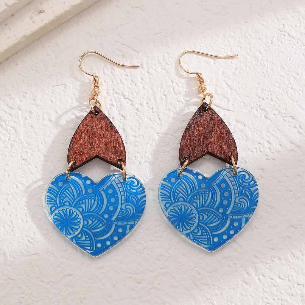 Ethnic Style Temperament Wooden Patchwork Printed Hollow Acrylic Heart Shaped Earrings For Women