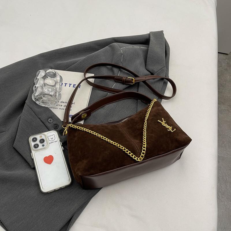 2023 New Vintage Suede Retro Stitching Shoulder Crossbody Bag Women Chain Handbag