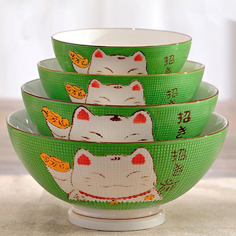 Ceramic High Bowl Multi-Sized Colorful Lucky Cat Soup Bowl Salad Bowl Underglaze Kitchen Household Tableware Children's Couple