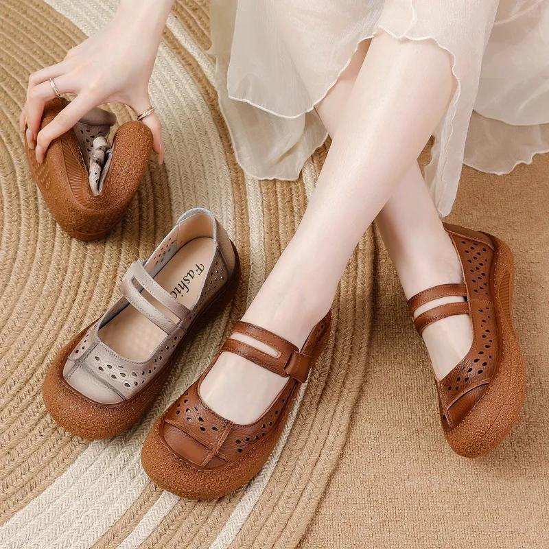 Fashion Women’s Genuine Leather Comfort Flats Hollow Mary Jane Shoes Fashion Lightweight Soft Hook Loop Nurse Shoes Woman Strap Moccasin