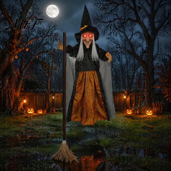 Outdoor Hanging Witch Decor 180cm Halloween Props, Flying Decoration with Scary Sounds & Lights, Wicked Garden Ornaments for Yard Lawn, Haunted House