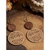 1 Pair Bohemian Hollow Wooden Earrings For Women, Round Wooden Patchwork PU Leather Vintage Ear Jewelry