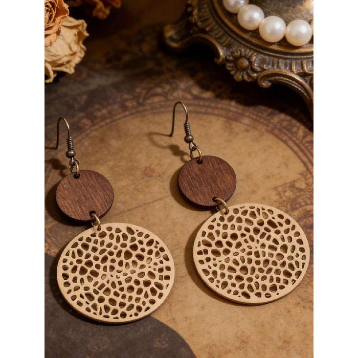 1 Pair Bohemian Hollow Wooden Earrings For Women, Round Wooden Patchwork PU Leather Vintage Ear Jewelry
