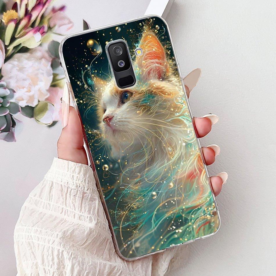 For Samsung Galaxy A6 Plus 2018 Phone Case On Samsung A6+ (2018) A6 A600F A605G Elegant Floral Cat Soft Silicone Clear TPU Cases