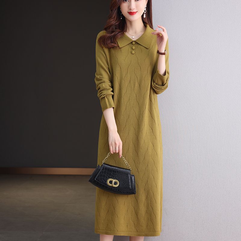 

Платье-свитер средней длины для женского осенне-зимнего тренда, с длинным рукавом, однотонный вязаный свитер, свободное и повседневное вязаное платье XL дубильная кора