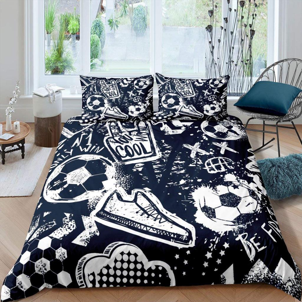 Cartoon Soccer Duvet Cover Set Printed Football Bedding Sets For Kids Boys Girls Bedroom Decor Sports Theme Comforter Cover Set