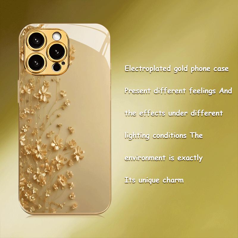 Newly designed gold branch flower pattern electroplated glass phone case, suitable for iPhone 17/16/15/14/13/12/11, etc.