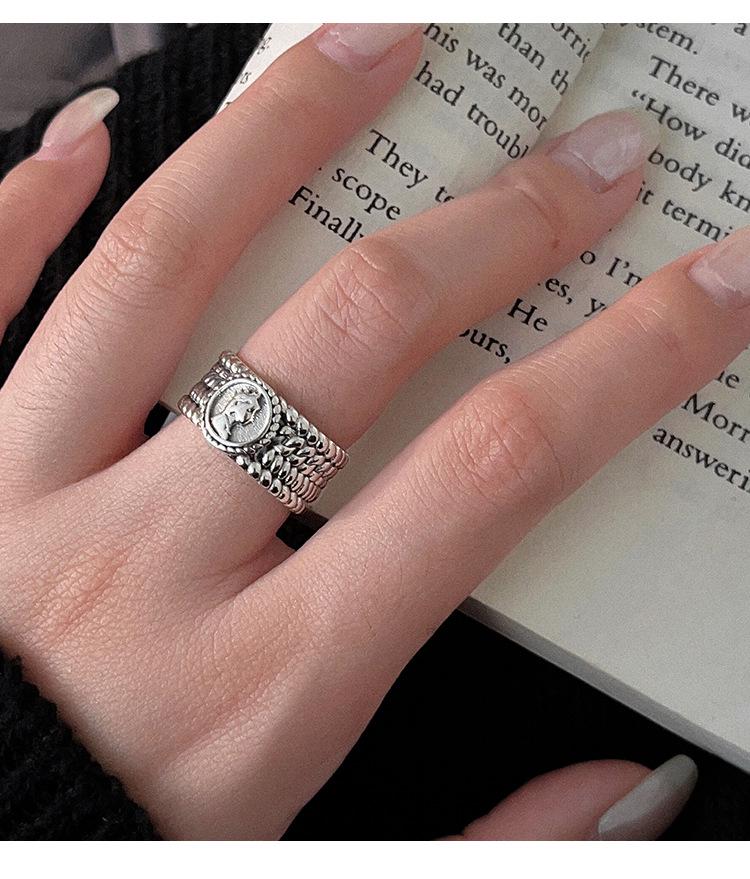Yinruitai S925 Sterling Silver Wide Band Ring: Women's Retro Fashion Open Finger Ring, Trendy Index Finger Accessory.