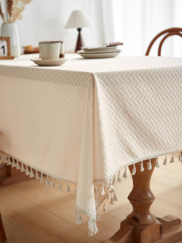 Farmhouse Style Beige Tassel Table Cover, Suitable For Buffet Table, Holiday Dinner, Party, Dining Room, Wedding Rectangular Western Tablecloth