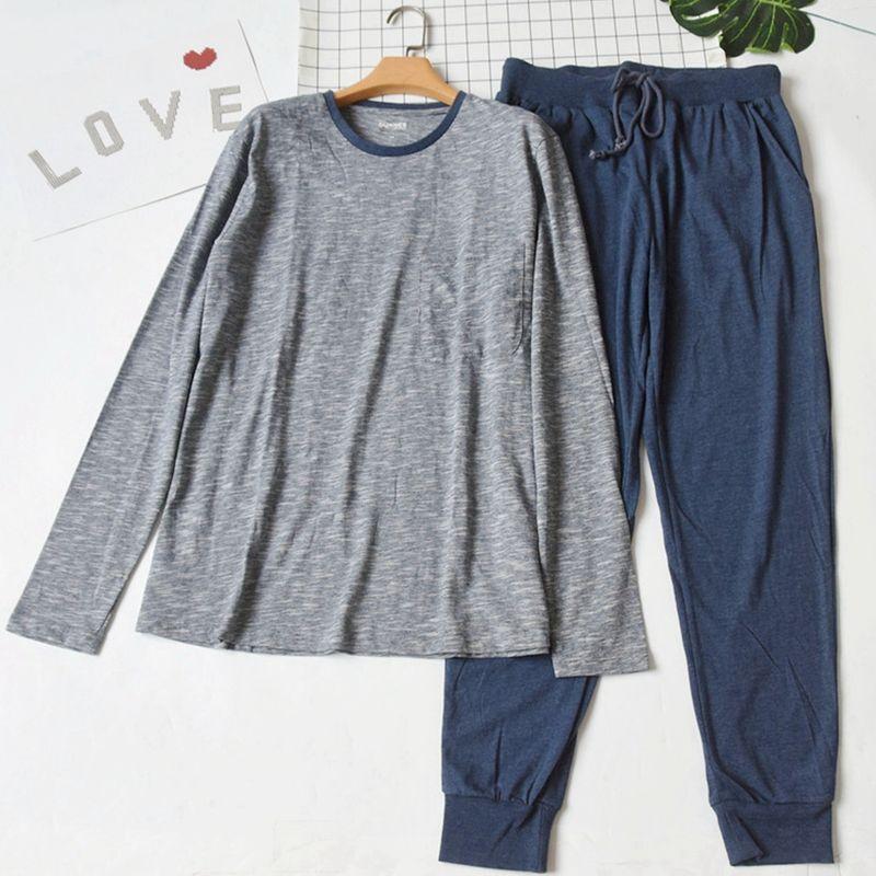 

Foreign Order Men Spring and Autumn round Neck Knitted Cotton Long Sleeves Pajamas Loose Casual Drawstring Pants Homewear Suit Grey Tops dark blue Pajama Pants M
