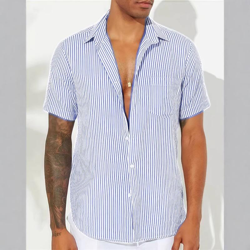 

Men s Shirts Fashion Stripes Print Short-sleeved Tees Summer Tops Men Turn-down Collar Button Casual T-shirt Clothing S небо синє кольору