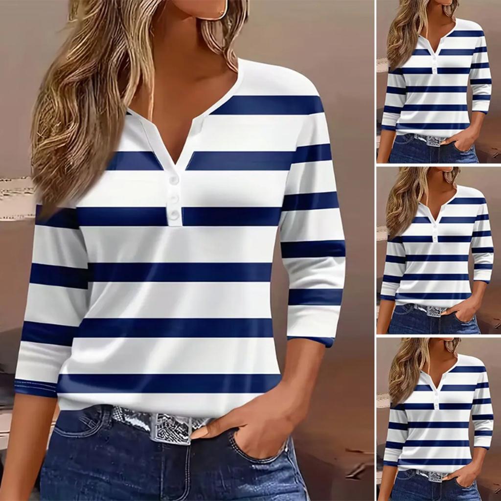 2025 Summer New Women's Casual V-Neck Button Striped T-Shirt Fashion Versatile Top for Europe and America