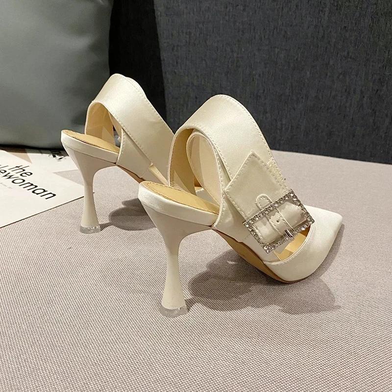 Fashion New Luxury Women's Sandals Sexy High Heels Temperamental Pointed Satin Baotou Square Buckle Rhinestone Party Shoes Summer