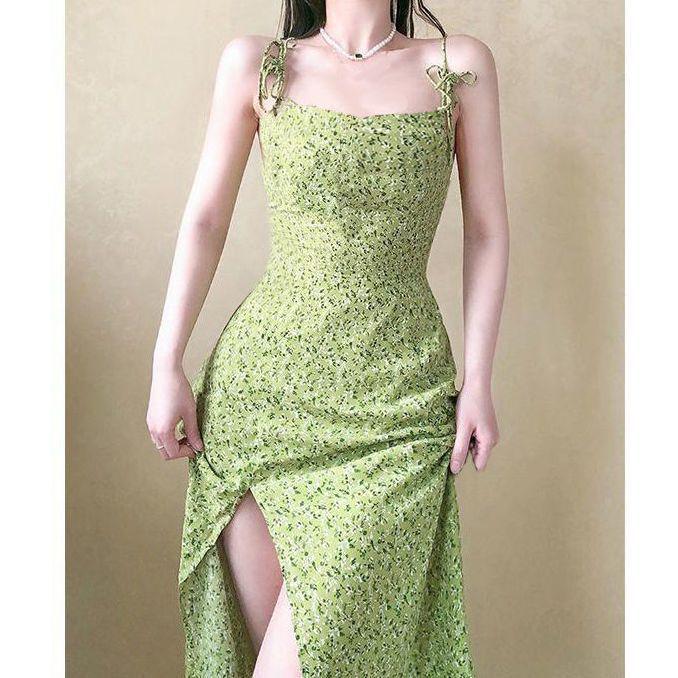 2025 Women s French Floral Summer Slit Dress - Elegant Mid-Length Fairy Style Extra Extra Large