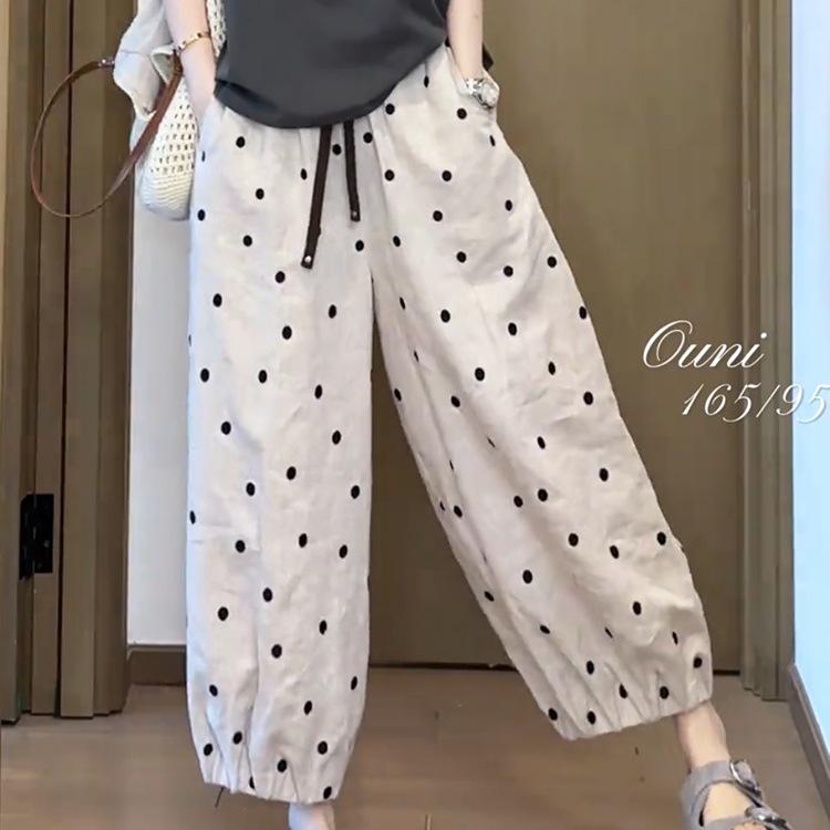 Women's Polka Dot High-Waisted Wide-Leg Linen Pants - Slimming, Nine-Point, Loose Fit, Summer Casual