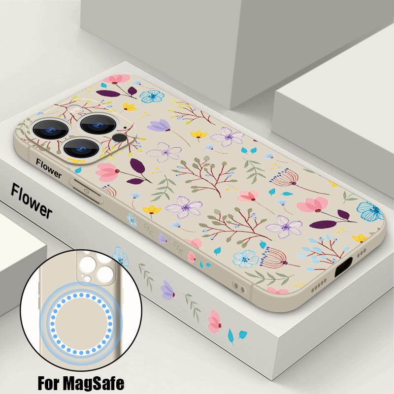 Foral Print Pattern Phone Case For iPhone 16 15 14 13 12 Pro Max 11 16E Magnetic For Magsafe Wireless Charge Soft Silicone Cover