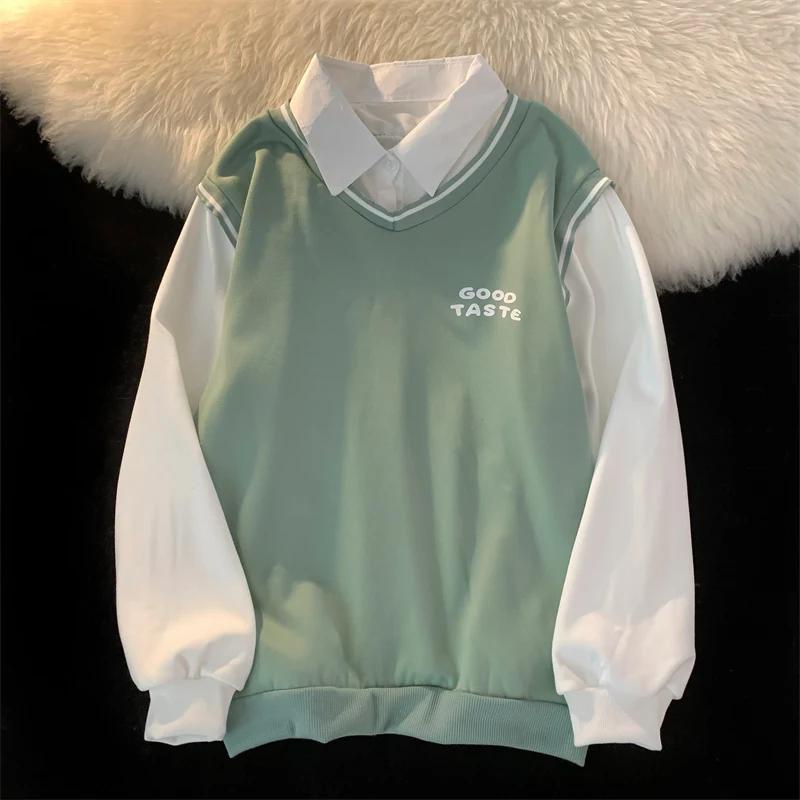 harajuku принт с буквами пэчворк толстовки женская одежда осень-зима флисовый свитшот в стиле преппи с длинным рукавом свободный худи S зелёный 3498₽