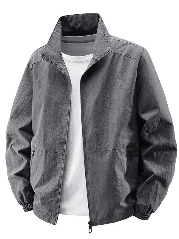 Men's Lightweight Stand-Up Collar Jacket, Multi-Pocket, Loose Fit, Plus Size, Spring/Autumn for Middle-Aged & Elderly.