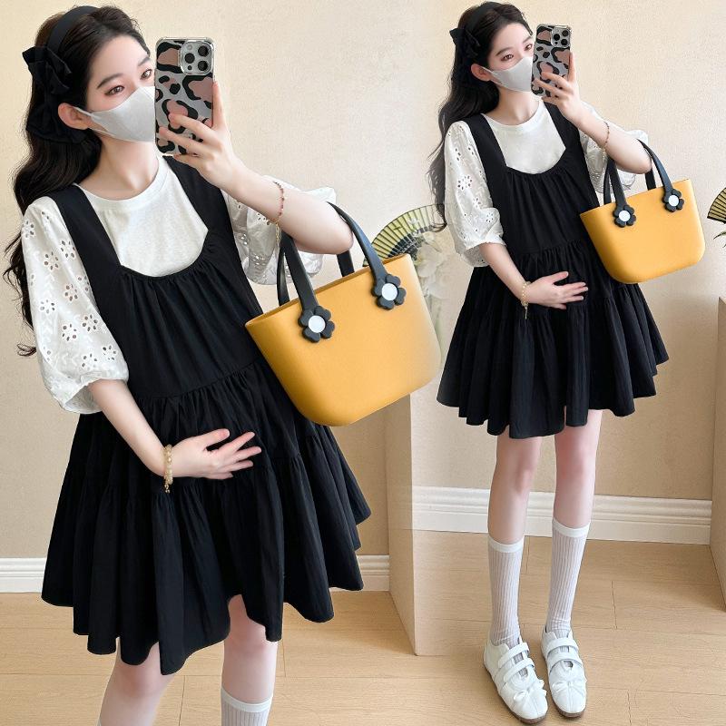 2026 Summer Short Sleeve Hollow Out T-shirt & Reversible U-Neck Doll Dress Maternity Set