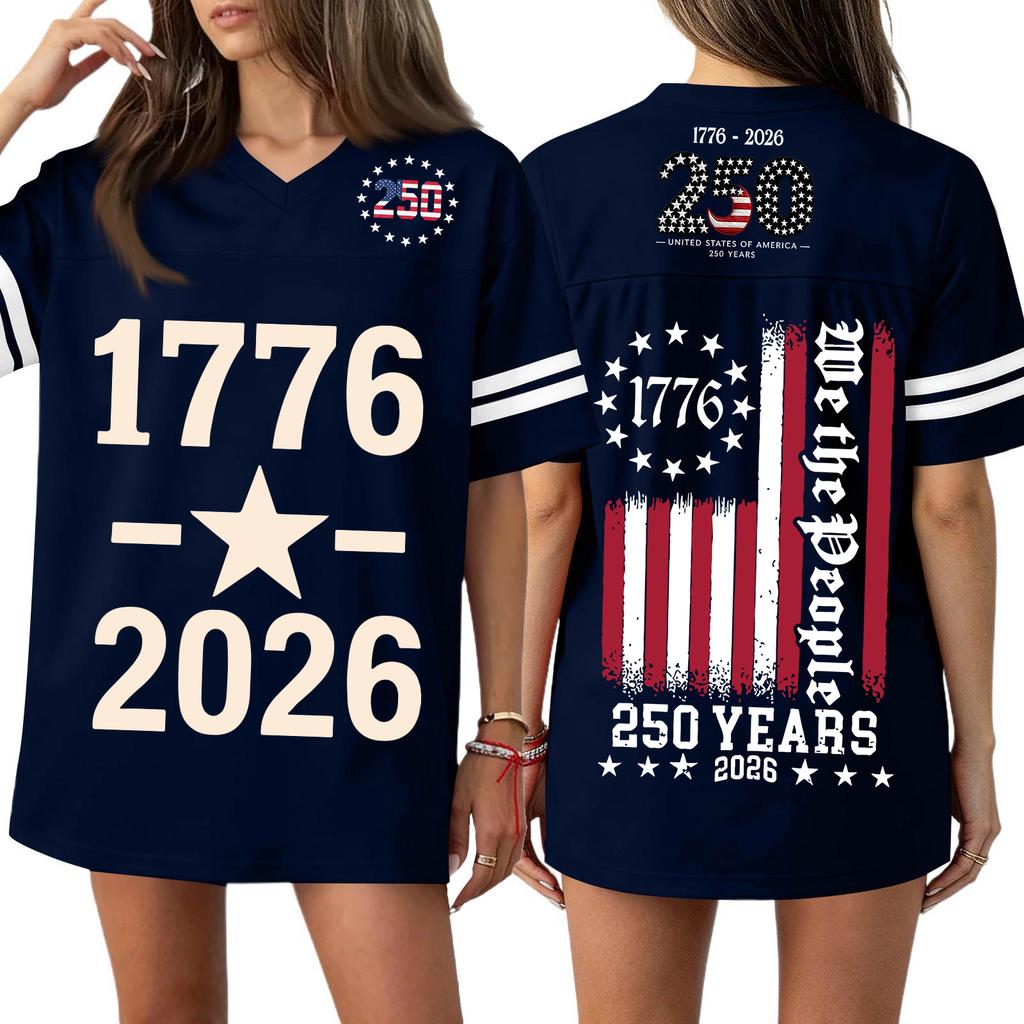 Women V Neck Casual Loose Fit Sports Jersey Top with 250th Anniversary Print Short Sleeve Independence Day Shirt