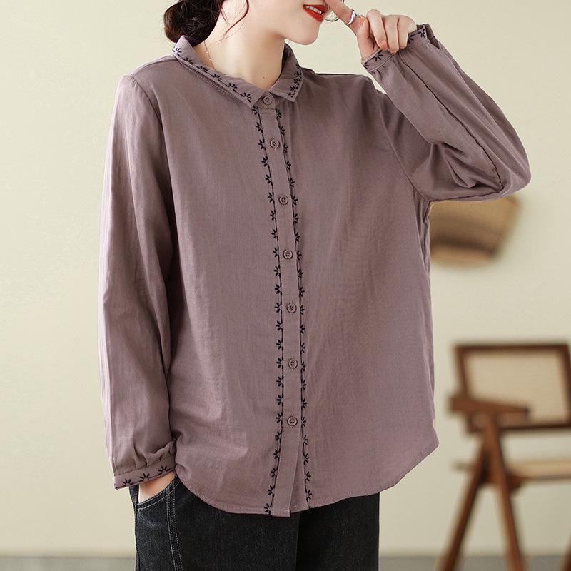 Women s Artistic Retro Embroidered Cotton Linen Shirt - Loose Casual Top for Spring 2026 Arrival XXL