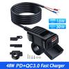 48W PD QC3.0 Motorcycle Charger Dual Ports with Voltmeter & Switch 12V-24V USB Type C Waterproof SAE Handlebar Power Adapter