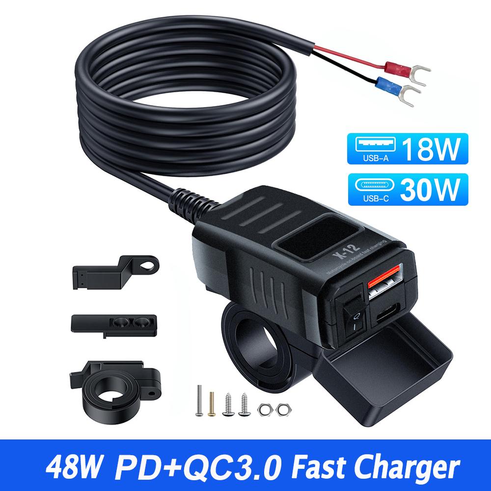 48W PD QC3.0 Motorcycle Charger Dual Ports with Voltmeter & Switch 12V-24V USB Type C Waterproof SAE Handlebar Power Adapter