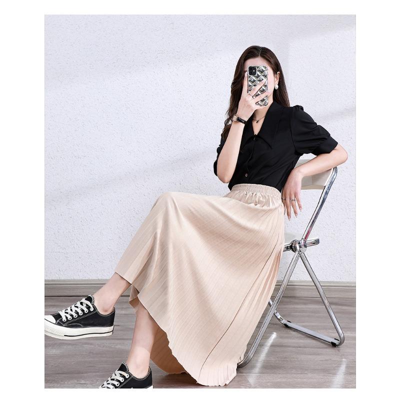 Spring Autumn Preppy Style Elegant Fashion Pleated Skirt Women Elastic Waist Solid Temperament All-match Skirts