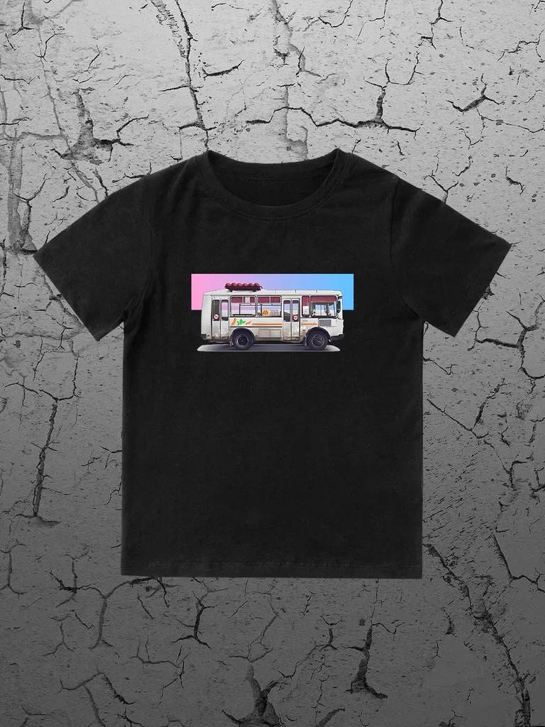 Round Neck Printed Pattern Pullover Short Sleeve Kids Tops Old Bus