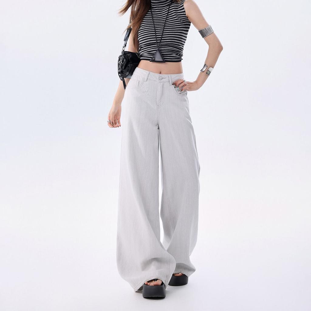 Spring Summer Thin Linen Cotton Textured Cool Old Money Drape Relaxed Wide Leg Casual Denim Pants For Women Casual Pants Oversize Denim Trousers