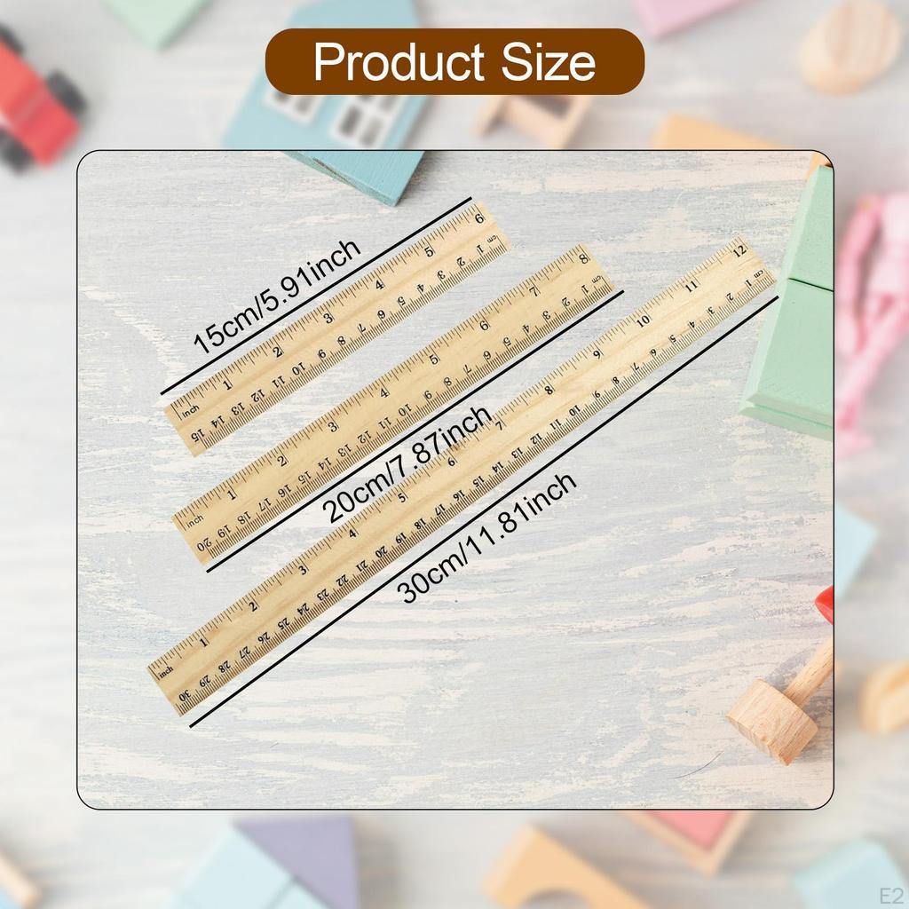 3x Wooden Ruler Measuring Drafting Rulers 15cm 30cm 20cm,Easy To Read Markings,Straight
