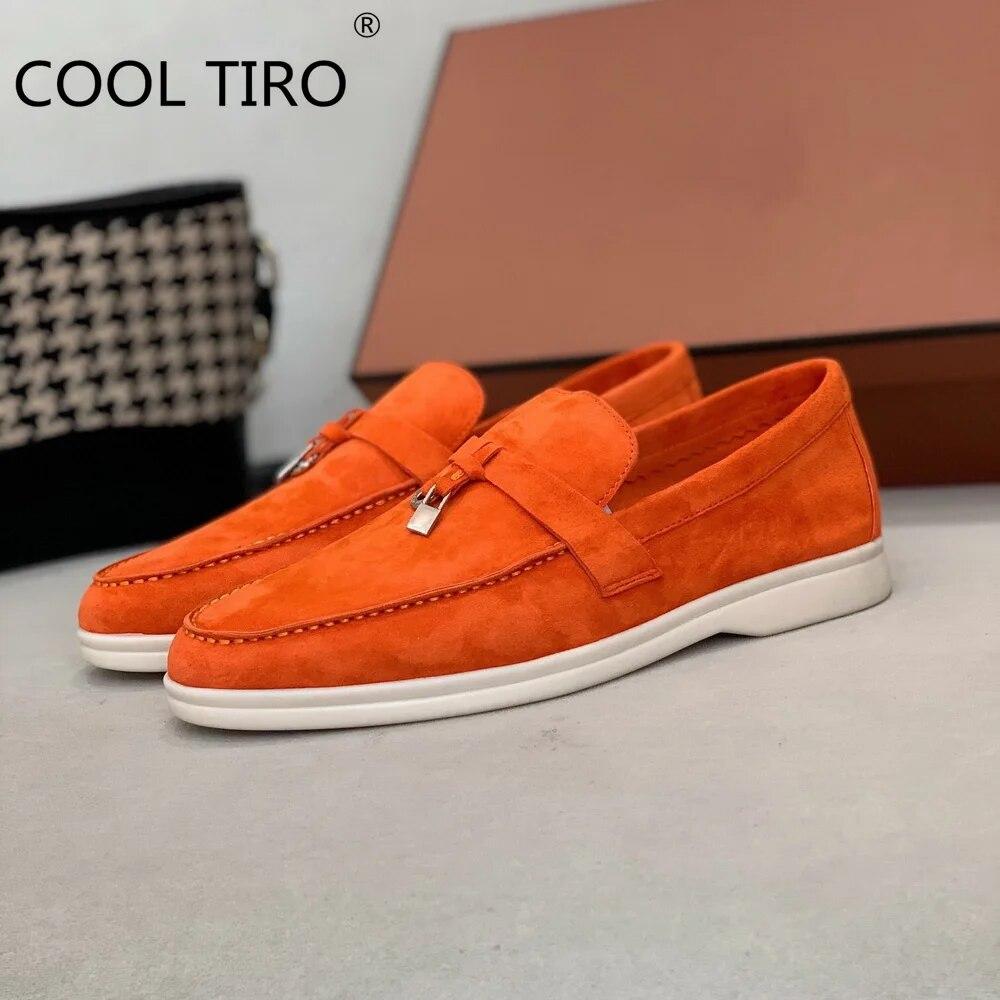 Woman Flat Shoes Slip On Women Loafers Leather Metal Lock Blue Suede Moccasins Mules Casual Driving Shoe Summer Walk Shoes Femme