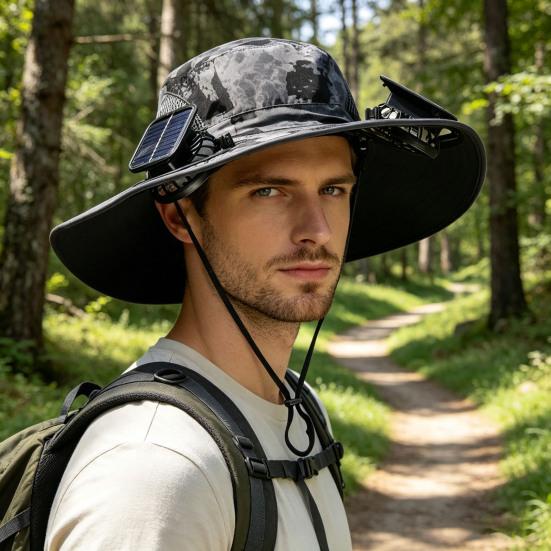 Men Hat Summer Outdoor Mountaineering Fishing Anti-UV Sun Hat with USB Solar Charging Built-in Fan Three Speed Settings Hiking Cooling Hat