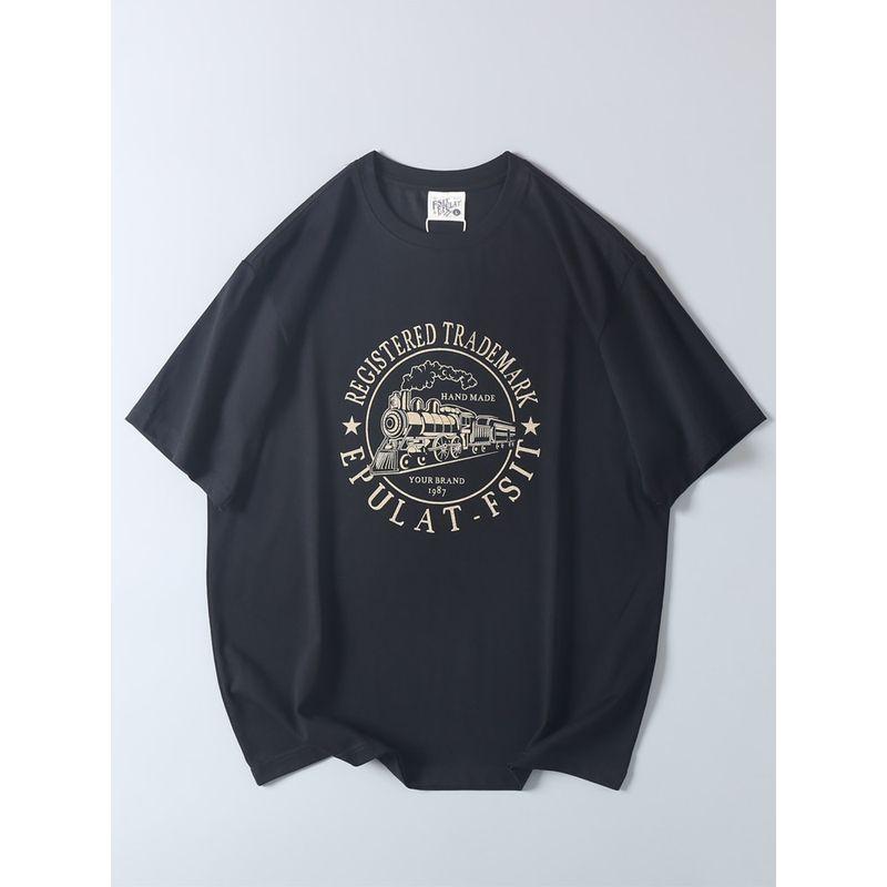 Vintage Locomotive Print Short-Sleeve T-Shirt for Summer, Men's Export Surplus Casual Round-Neck Base Shirt