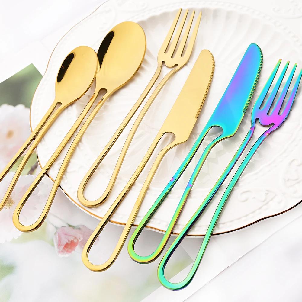 5Pcs Knife Fork Spoon Flatware Set Rainbow Hollowed Out Handle Dinnerware Set Stainless Steel Western Food Suit Silverware Set