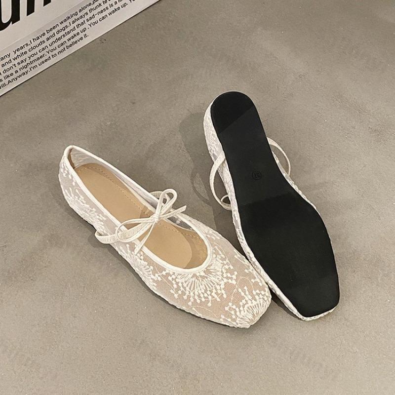 Fashion Summer Women Ballet Flats Shoes Hollow Lace Non Slip Fashion 2025 New Bow Women Shoes Mesh Breathable Female Mary Jane Sandals