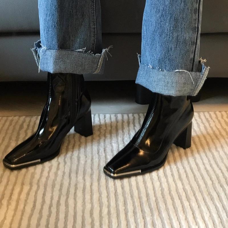 Versatile Autumn and Winter  New Mid-leg Boots Look Thin Patent Leather Booties Women's High Heel Block Heel