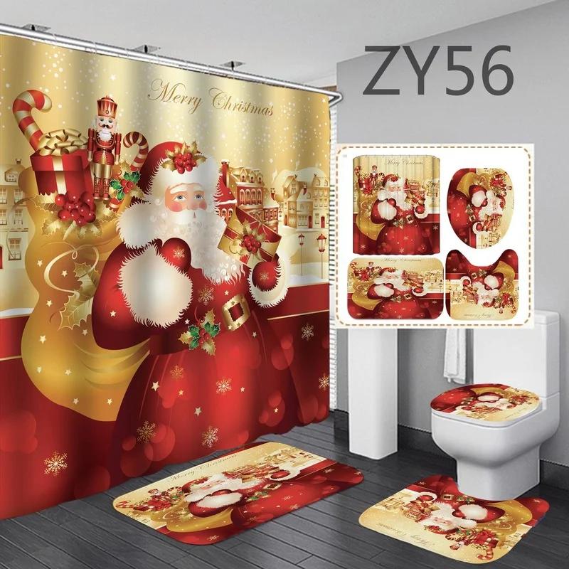 

4 шт./компл. Рождественские занавески для ванной комнаты, комплект из 4 предметов, занавеска для душа с изображением Санта-Клауса, коврик для унитаза, нескользящий коврик, водонепроницаемая занавеска для душа ZY56