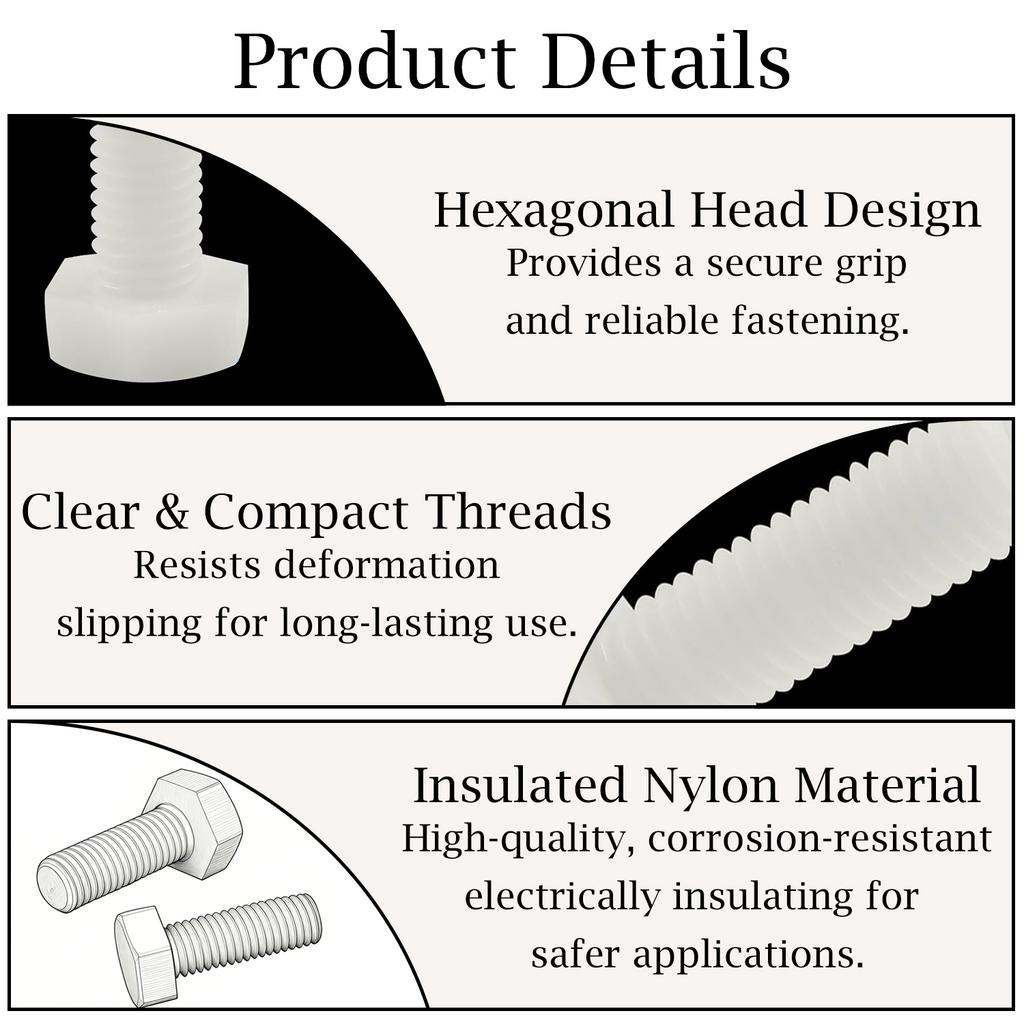 1-50 Stück Weiße Nylon-Kunststoff-isolierte Sechskantkopf-Schraube M3-M12 6-100mm Außensechskantbolzen für elektrische Isolierung