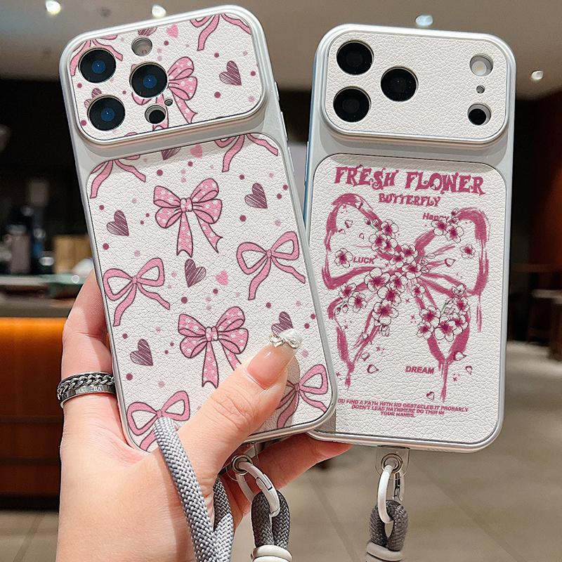 Pink Bowknots Print Leather Lanyard Case For iPhone 18 Pro Max Hybrid TPU+PU Anti-skid Soft Cover For iPhone 17 16 15 14 13 Pro Max