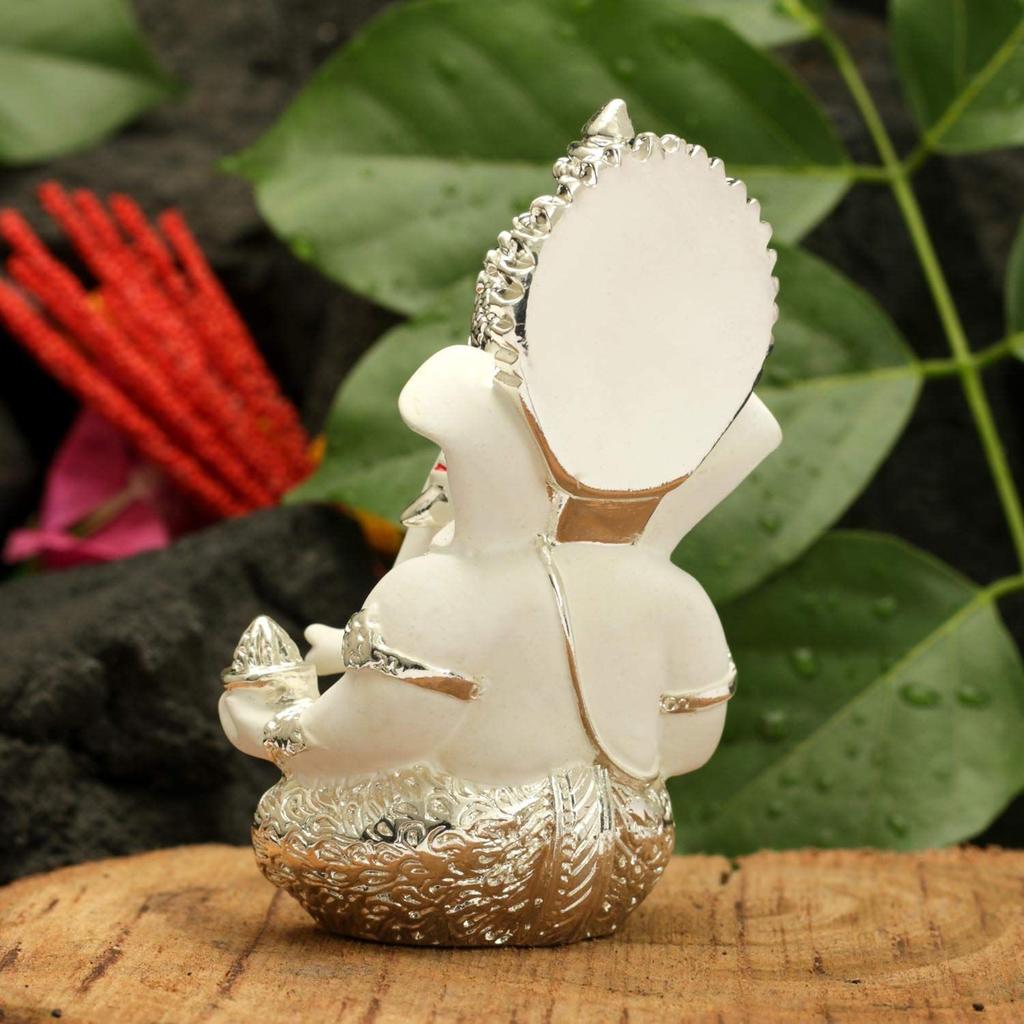 Ganesha Idol Silver Plated Ganesh for Car Dashboard Statue Ganpati Figurine Luck & Success Diwali Gifts Home Decor (Size: 3.5 X 2 Inches)