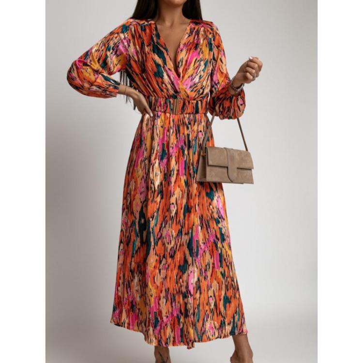Boho Floral Print Long Dress Elegant Deep V Neck Long Sleeve High Split Swing Dress with Belt Women Beach Dresses Sexy