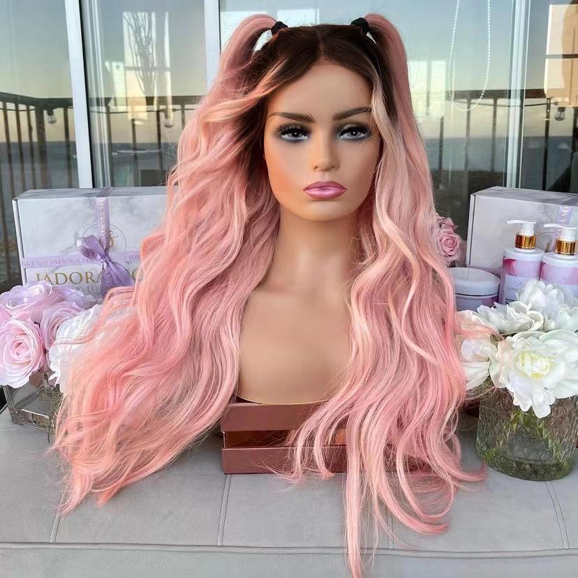 AIMEYA 13x4 Ombre Pink Lace Wig Natural Wave Wig Black Roots Synthetic Lace Front Wig Heat Resistant Hair Daily Use Cosplay Wig