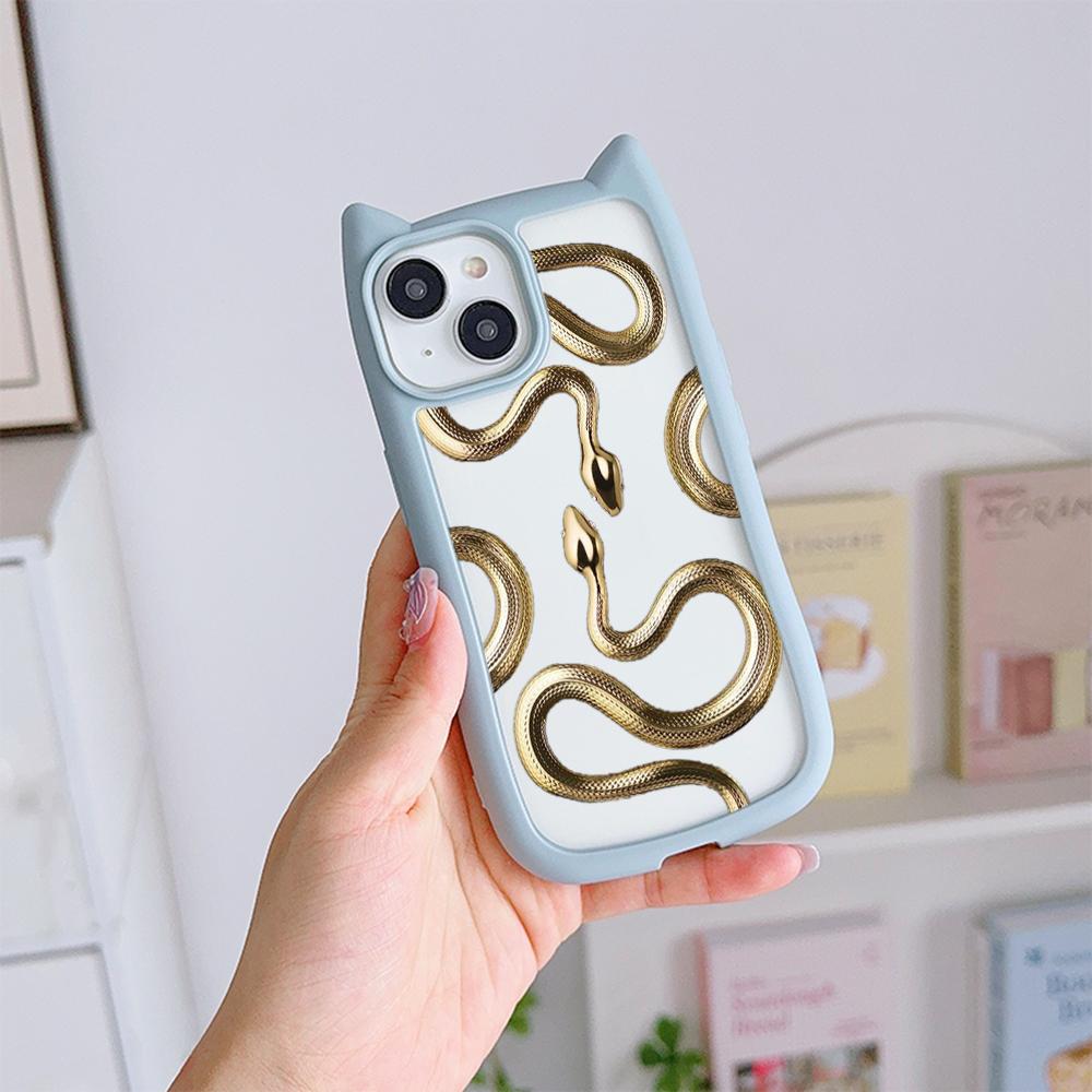 Cat Ear Soft Phone Case for iPhone 16 15 14 13 12 11 Pro Max Plus XR X TPU Anti-Drop Transparent Acrylic Back Cover NY25 Black Gold Snake design