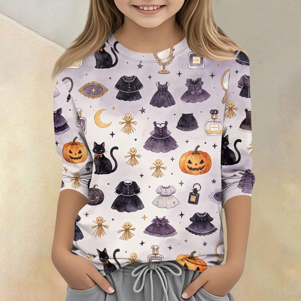 Kids Halloween Printed Round Neck 3/4 Sleeve Casual T-Shirt Top Comfortable Fit Lightweight Soft Fabric Suitable for Boys Girls