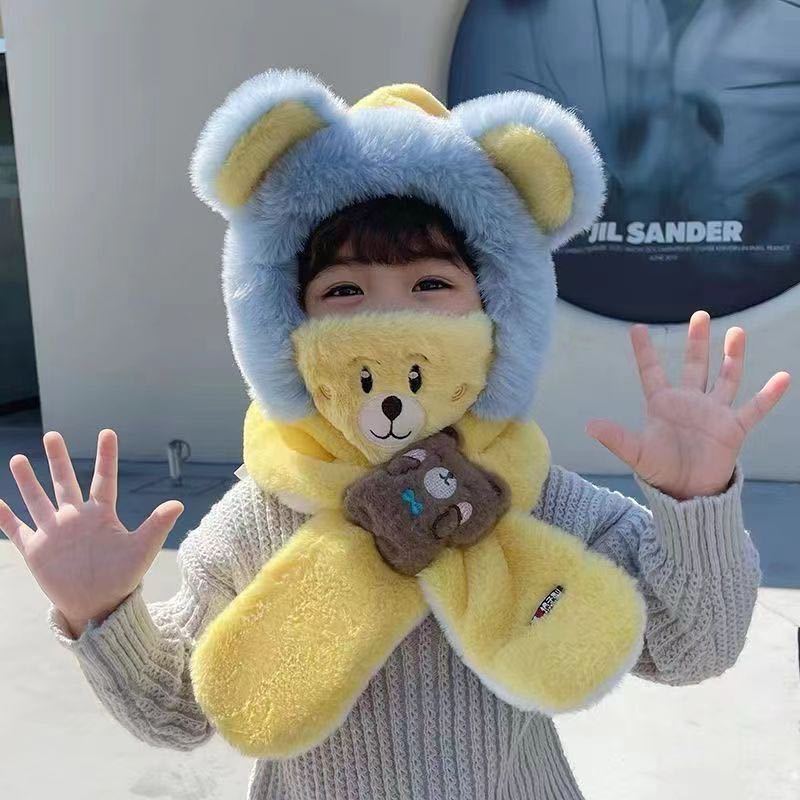 Riding a Battery Car, Piled and Thickened Bear Hat, Warm Scarf, Ear Protection, Two-in-one Two-piece Set, Cycling Cold-proof Plush Hat.