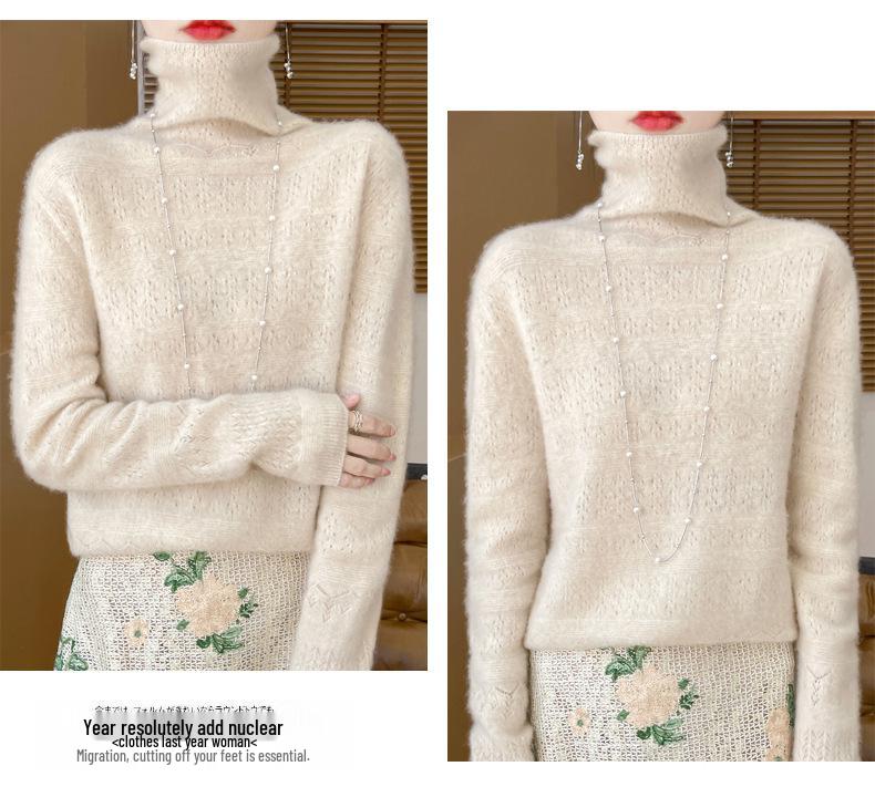 Women's Pure Wool Mock Neck Sweater - Seamless Hollow Knitwear for Autumn/Winter