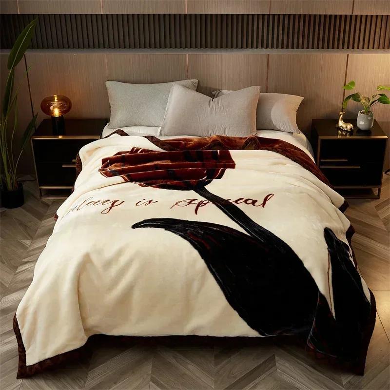 Double Sided Printed Autumn Winter Blankets for Bed Soft Warm Encrypted Flocking Raschel Blanket Skin Friendly Weighted Blanket